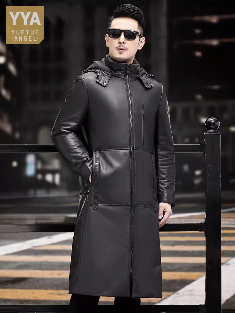 Leather Work Jacket With Hood - Hiver épais chaud Long manteau en