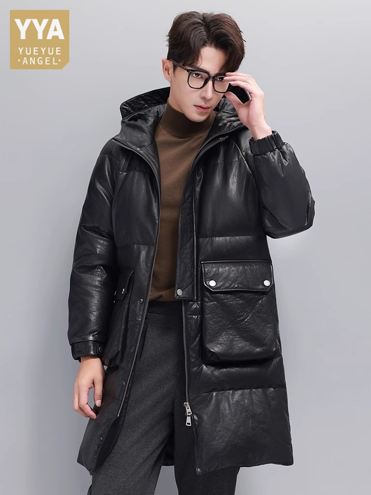 Leather Work Jacket With Hood - Hiver hommes chaud doudoune d'oie à
