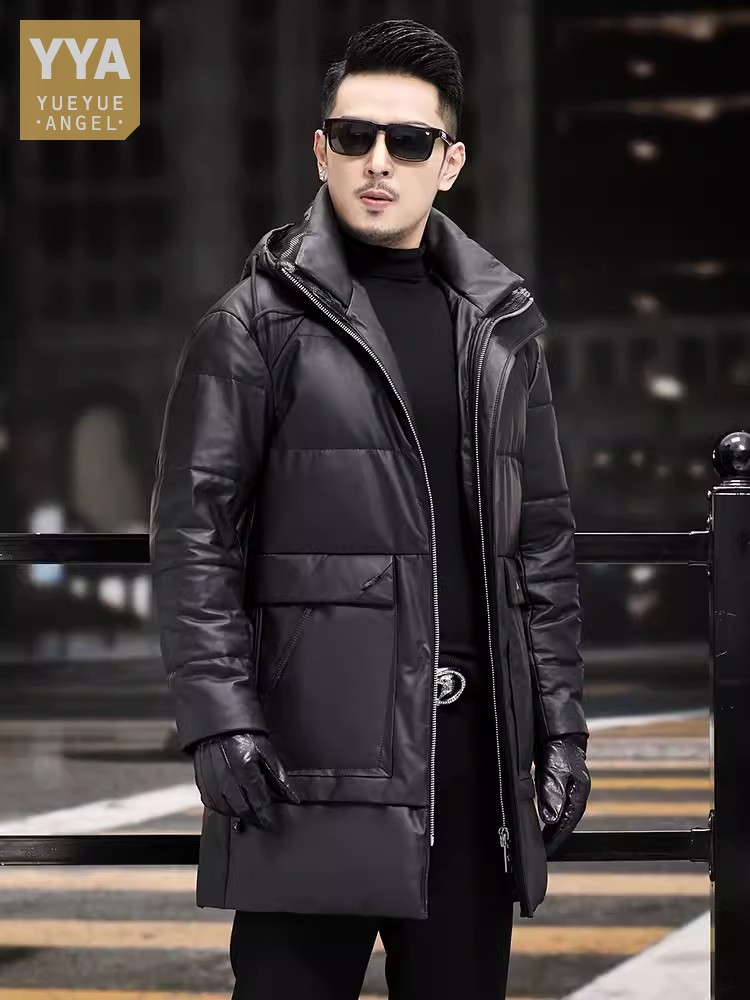 Leather Work Jacket With Hood - Hiver hommes épais chaud blanc duvet