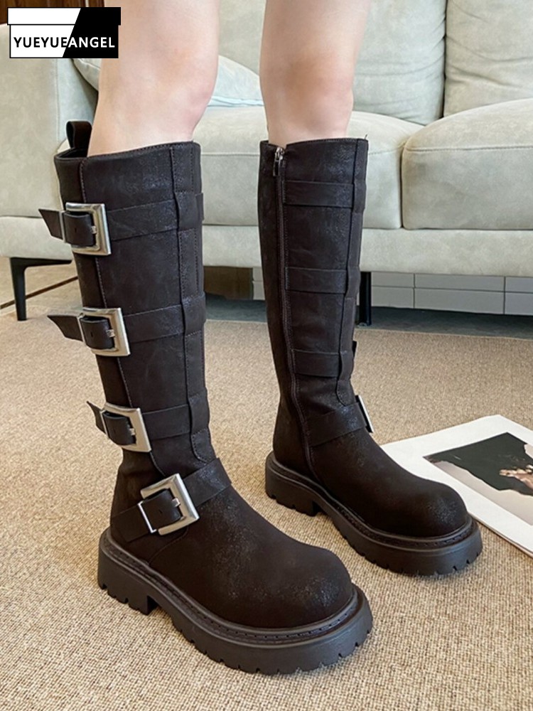 Leather Work Boots - Bottes hautes multi-boucles pour femmes, style