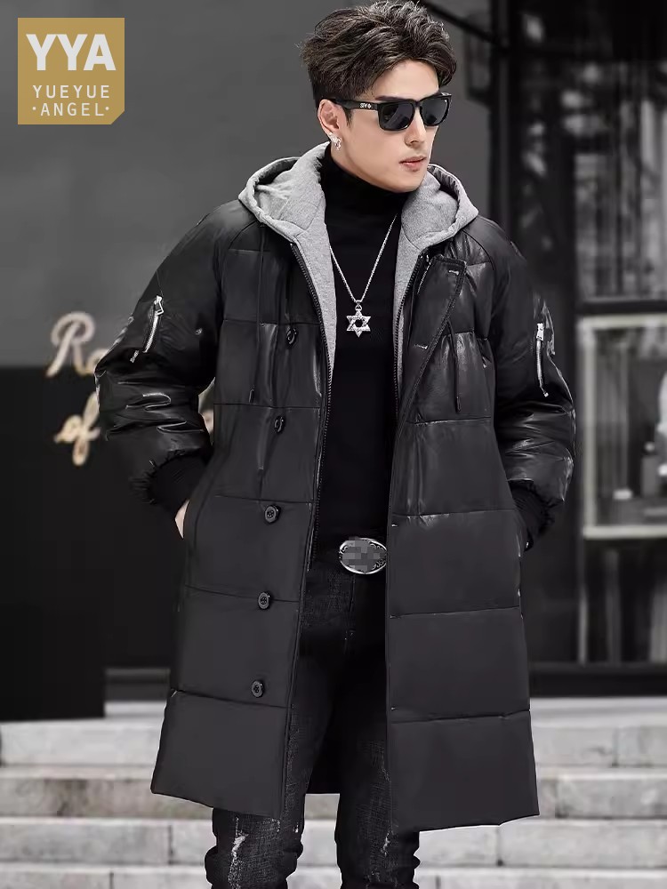 Leather Work Jacket With Hood - Hiver nouveaux hommes à capuche longue