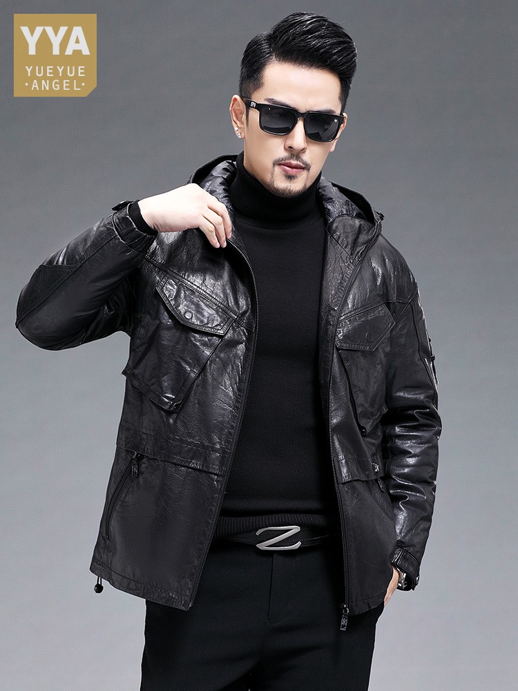 Leather Work Jacket With Hood - Hiver hommes chaud véritable peau de