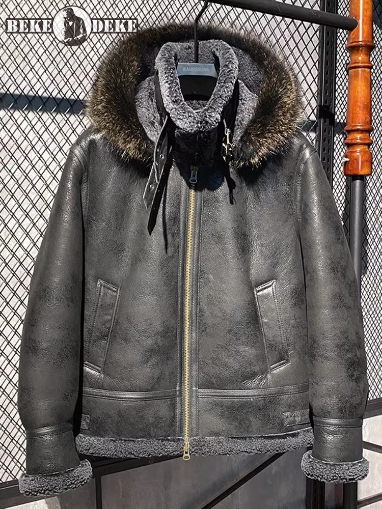 Leather Work Jacket With Hood - Veste en cuir véritable pour homme,