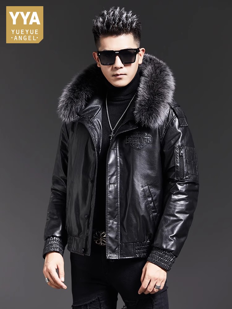 Leather Work Jacket With Hood - Mode hommes hiver col de fourrure