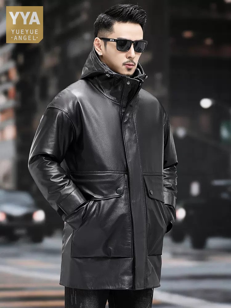 Leather Work Jacket With Hood - Doudoune de travail mi-longue en cuir