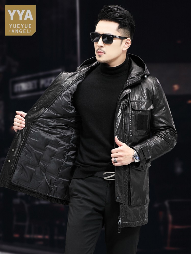 Hommes hiver chaud mi-long hui - Leather Work Jacket With Hood avis et prix