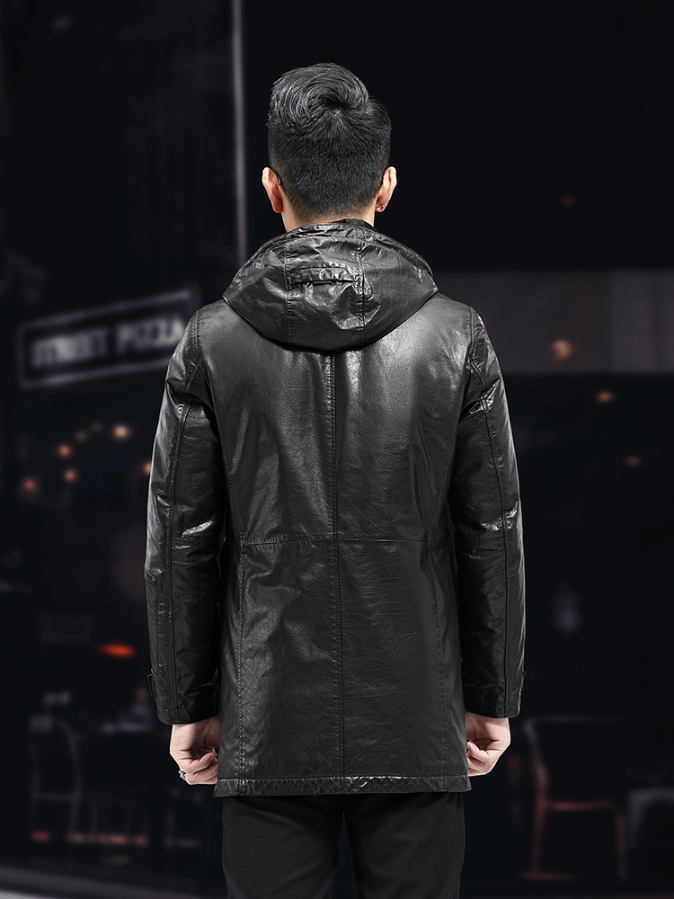 Hommes hiver chaud mi-long hui - Leather Work Jacket With Hood avis et prix