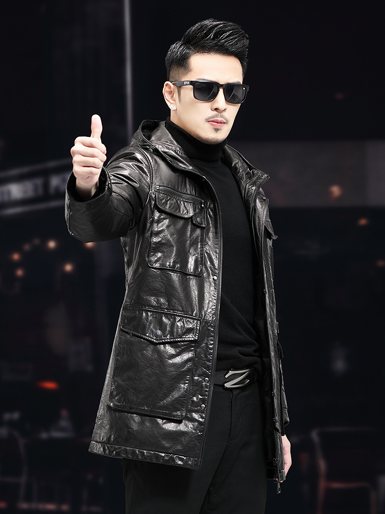 Hommes hiver chaud mi-long hui - Leather Work Jacket With Hood avis et prix