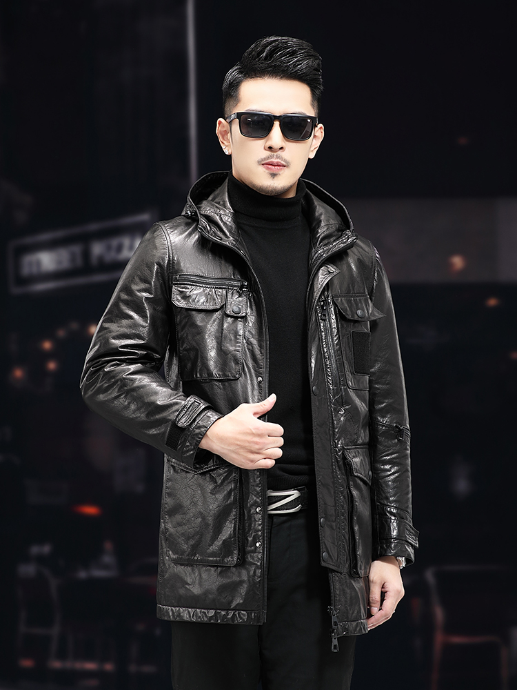 Hommes hiver chaud mi-long hui - Leather Work Jacket With Hood avis et prix