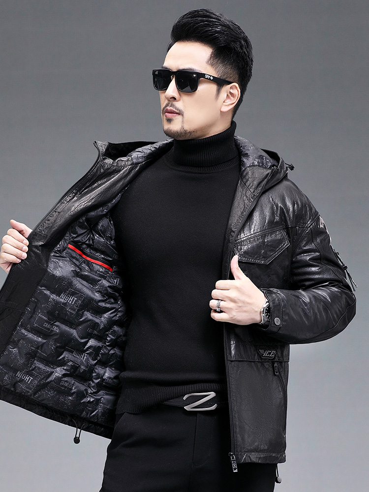 Hiver hommes chaud véritable p - Leather Work Jacket With Hood avis et prix