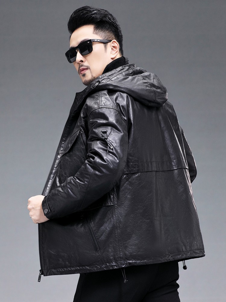 Hiver hommes chaud véritable p - Leather Work Jacket With Hood avis et prix