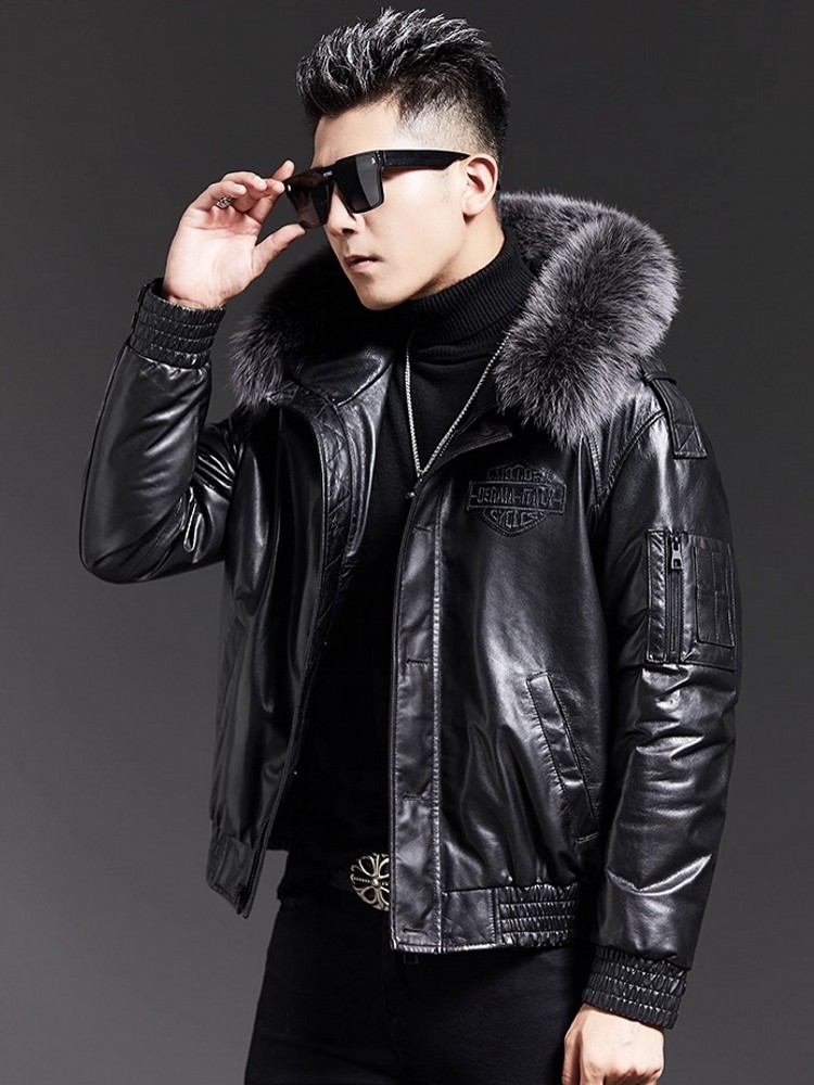 Mode hommes hiver col de fourr - Leather Work Jacket With Hood avis et prix